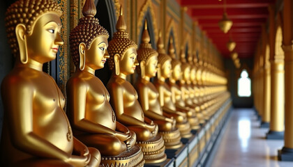 A long row of golden Buddha statues sits serenely in a temple  radiating peace and spirituality.