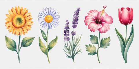 Watercolor Floral Collection:  A delicate and vibrant collection of five watercolor illustrations featuring a sunflower, daisy, lavender, hibiscus, and tulip.