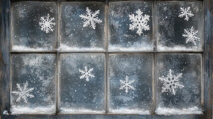 Naklejka premium Winter snowflakes on a frosted window cozy home digital art indoor close-up tranquility