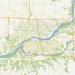 Map of Davenport in Iowa in a normal road map style. Contains layered vector with roads water, parks, etc.