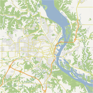 Map of Dubuque in Iowa in a normal road map style. Contains layered vector with roads water, parks, etc.