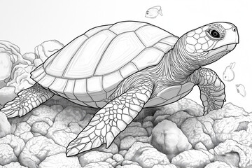 coloriage, illustration tortue, animaux marins, noir et blanc, enfants, fun, dessin, mignon, tout-petits, adorable, joli

