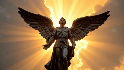 Fototapeta premium Wooden Saint Archangel Michael on blurred background.