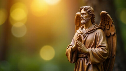 Fototapeta premium Wooden Saint Archangel Michael on blurred background.