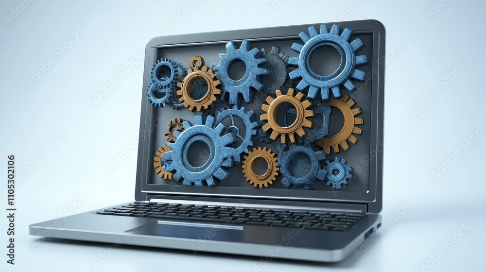 Poster laptop screen showing interconnected gears working together