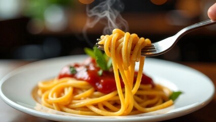 Spaghetti on a fork above a plate.