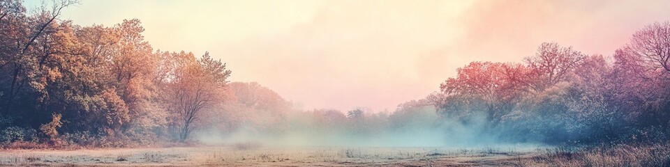 Obraz premium Misty forest at sunrise with warm colors