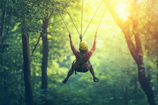 Seniors enjoy zip-lining adventure in a vibrant forest landscape