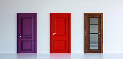 Obraz premium A set of three doors: red, purple, and brown wood-glass, isolated against white.