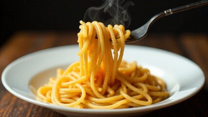 Spaghetti on a fork above a plate.