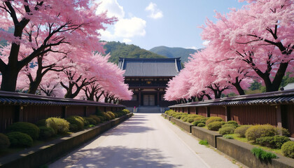 Japanese temple pathway with pink cherry blossoms in spring.