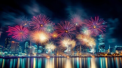 Spectacular Waterfront Fireworks Display with Urban Skyline Reflections