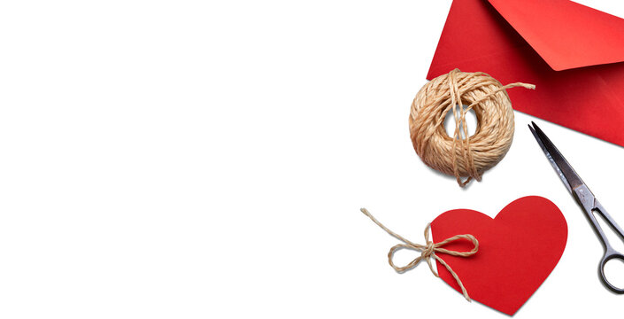 Valentine's Day background: valentine with string, red envelope, vintage scissors, string, on isolated transparent background. With shadow. Top view. PNG