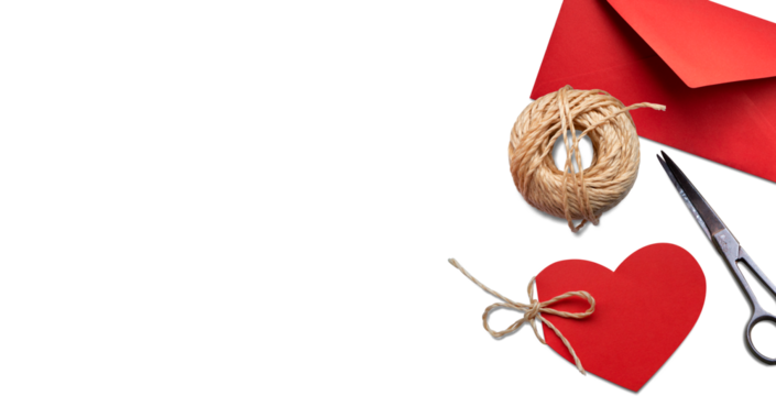Valentine's Day background: valentine with string, red envelope, vintage scissors, string, on isolated transparent background. With shadow. Top view. PNG
