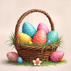 Colorful Easter eggs in woven basket full of grass. Eggs decorated with different patterns, colors. Spring flowers nearby. Happy spring festival illustration perfect for Easter. Basket brown. Image