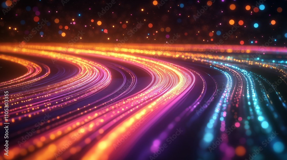 Poster abstract tech background. colorful light lines move in curves. high speed data flow. modern communic