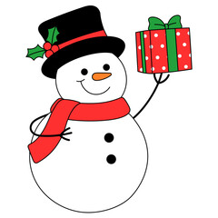 cute snowman wearing top hat with holly and red scarf holding red christmas gift illustration