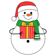 cute snowman wearing santa hat and green scarf holding red christmas gift illustration