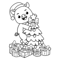 Christmas coloring page with pig for kids