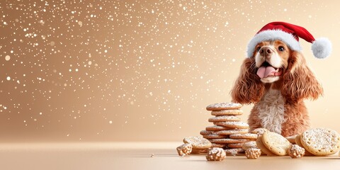 A festive dog wearing a Santa hat sits beside a stack of cookies, surrounded by sparkling snowflakes on a golden background.