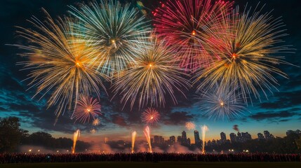 Fototapeta premium Vibrant Fireworks Display Lighting Up City Park Night Sky with Celebrating Crowds Below