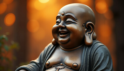 Naklejka premium Bronze statue of a laughing Buddha radiating joy and serenity against a warm bokeh background.
