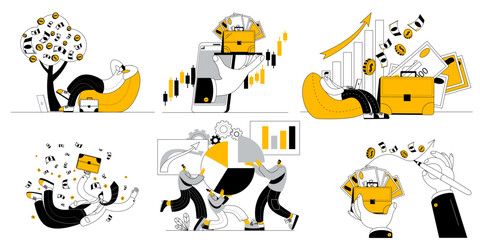Set of illustrations on the topic of passive income. Man sitting with a laptop. Character admiring his money tree. Vector illustrations in cartoon linear style.
