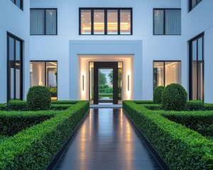Modern home with white walls, black windows, and dark teak door at the entrance.