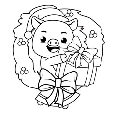 Christmas coloring page with pig for kids