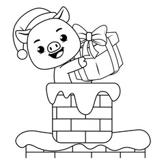 Christmas coloring page with pig for kids