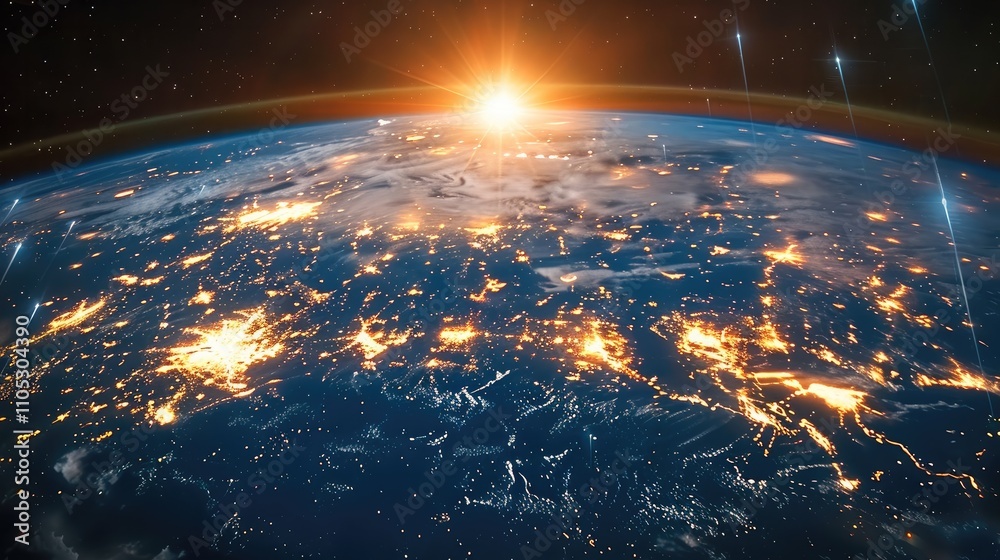 Poster panoramic view of earth surface from orbit. illuminated city lights, scattered clouds.