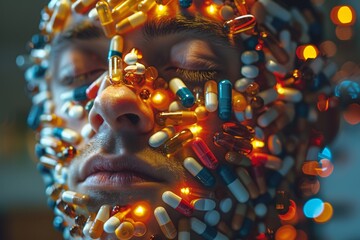Naklejka premium Overwhelmed Man Drowning in Medication Capsules, Concept of Overmedication Generative AI