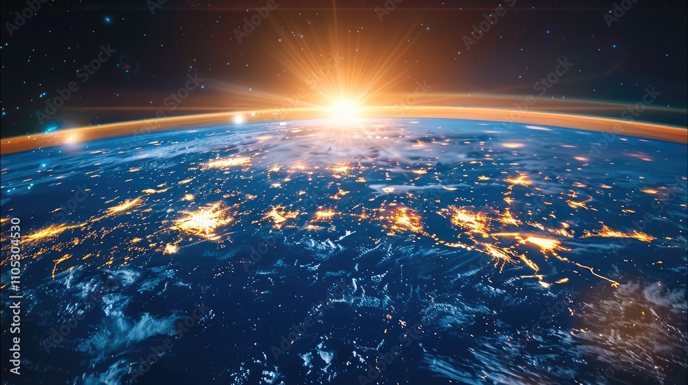 Poster panoramic view of earth surface from orbit. illuminated city lights, scattered clouds.