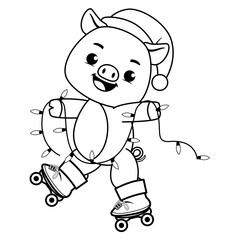 Christmas coloring page with pig for kids