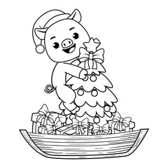 Christmas coloring page with pig for kids