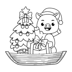 Christmas coloring page with pig for kids