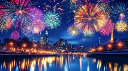 Vibrant Synchronized Fireworks Display over Urban River with Dazzling Reflections