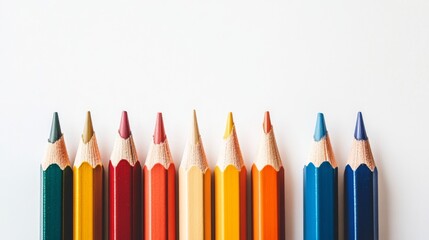 A neatly arranged line of sharpened colored pencils on a white background, ideal for education and art supply concepts Generative AI