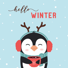 Cute penguin holding a cup of hot chocolate on blue background. Hello winter. Christmas and New Year vector  flat ilustration. 