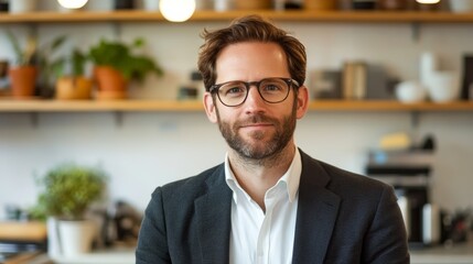 Fototapeta premium Portrait of a man with beard and glasses in bright modern space.