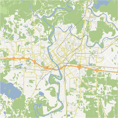 Map of Monroe in Louisiana in a normal road map style. Contains layered vector with roads water, parks, etc.