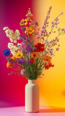 Fototapeta premium Vibrant Wildflowers in a Vase Against a Colorful Backdrop, Perfect for Spring or Summer Decor Inspiration Generative AI