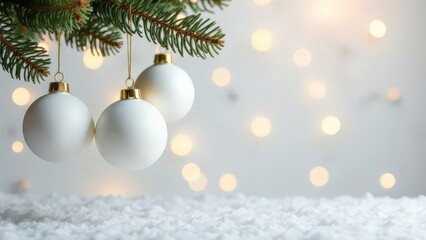 Obraz premium Hanging white baubles against a backdrop of Christmas lights.
