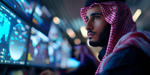 Obraz premium Man in Traditional Attire Analyzes Global Data on Monitors in a Dark Room