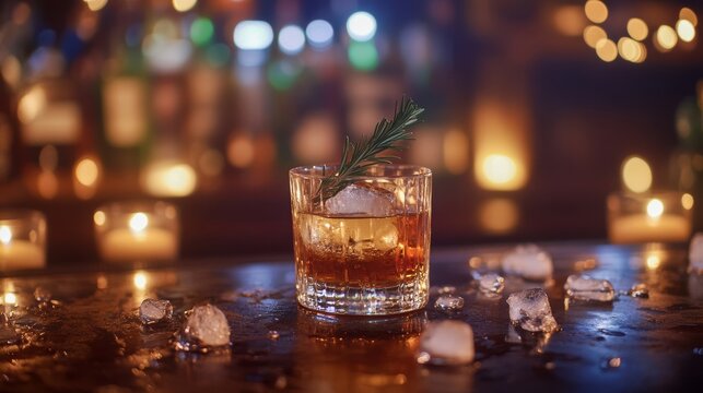 A cocktail with rosemary garnish in a dimly-lit bar setting.