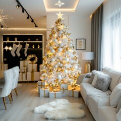 Festive holiday decor modern living room interior design cozy environment aesthetic viewpoint celebratory concept