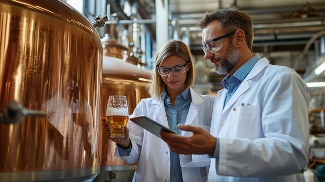 Caucasian male and female adults analyzing beer in brewery laboratory.