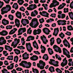 Seamless leopard print pattern with black spots on a pink background, perfect for fashion and textile designs, offering a bold and trendy look