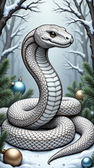 Fototapeta premium Snake a symbol of the year: White cobra in snowy forest with Christmas ornaments 