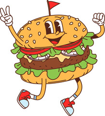 Cartoon groovy fast food cheeseburger character. Fast food cafe burger cheerful 60s 70s mascot, cartoon isolated vector happy character. Takeaway menu snack or street restaurant meal cute personage